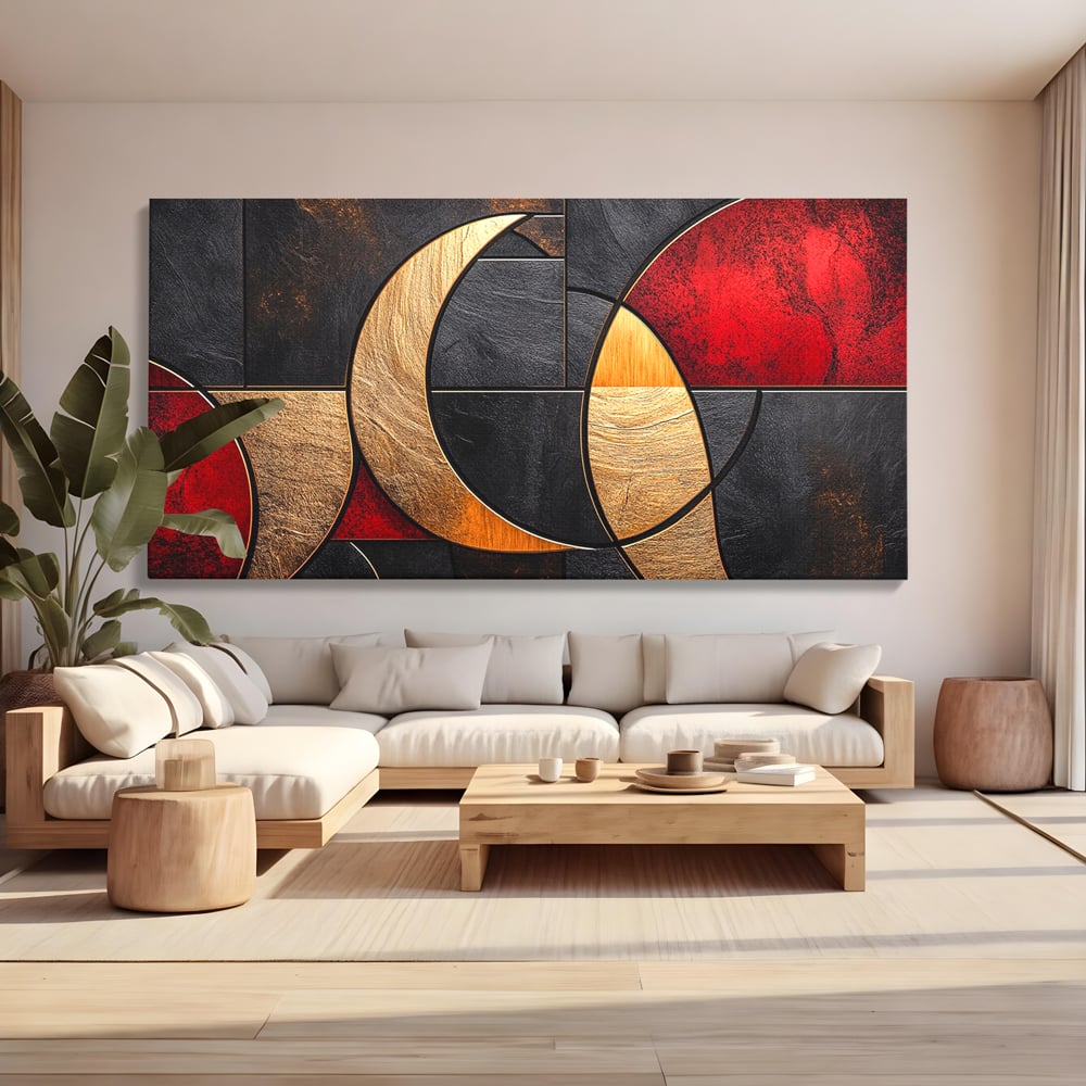 Tablou canvas cu tablou canvas cu forme geometrice aurii si rosii, fara rama, pe sasiu de lemn, pe perete intr-un living